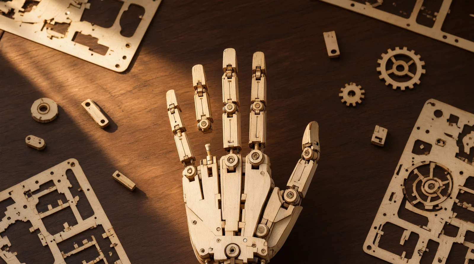 Half-built wooden transforming robot hand puzzle with exposed mechanical gears and laser-cut plywood sheets on a desk.