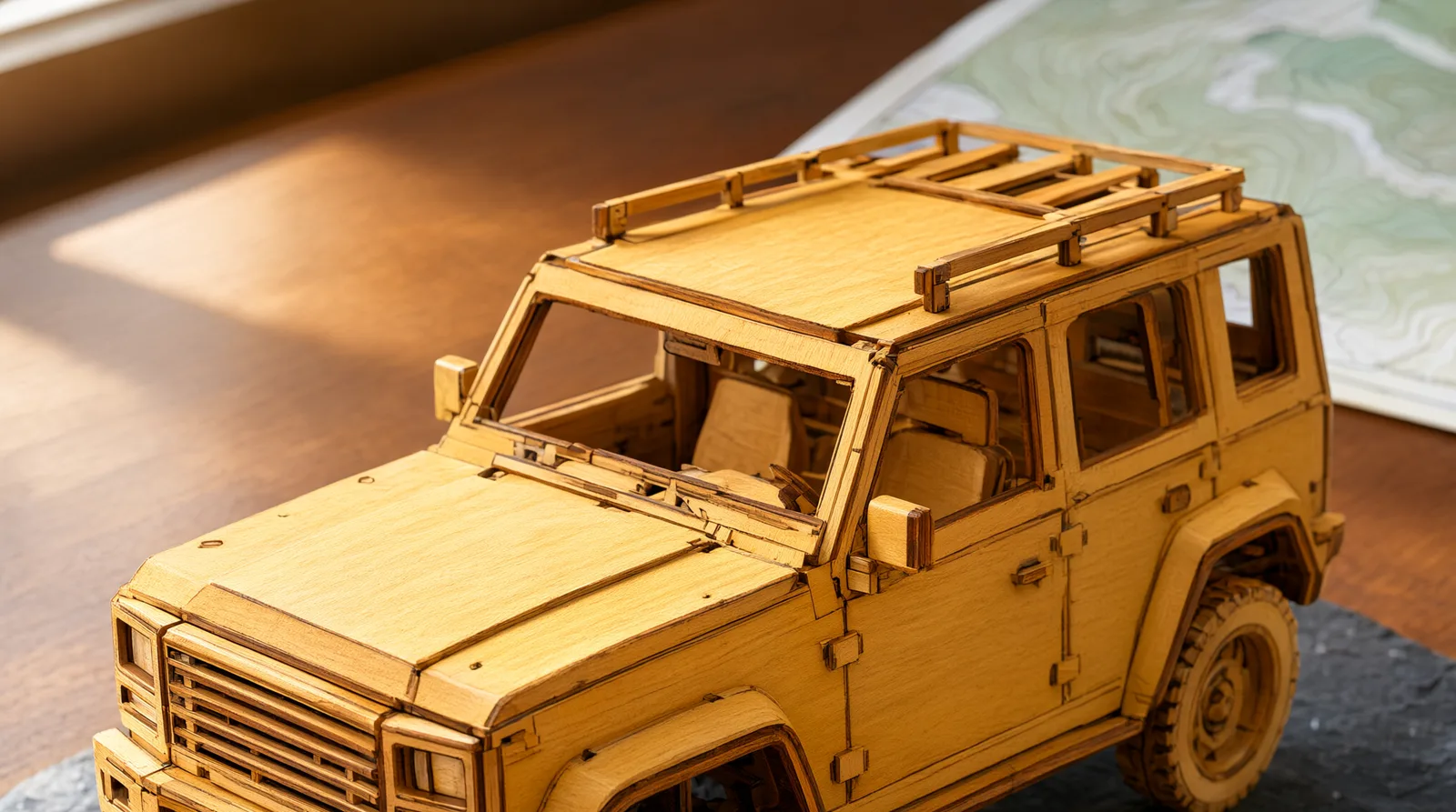 Assembled wooden Toyota Fortuner-style SUV puzzle model with steering linkage visible, posed on dark slate with gravel accents under soft mo