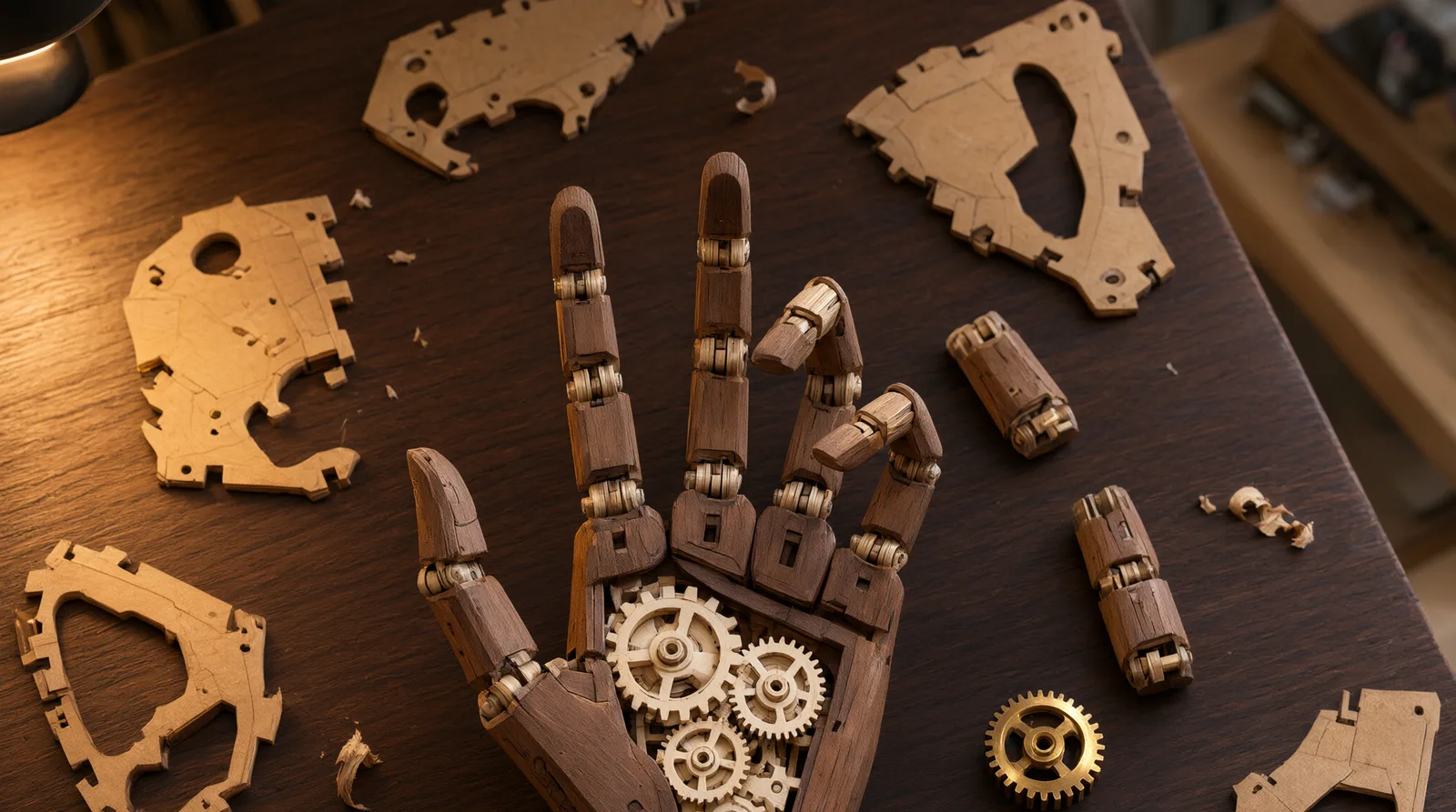 A wooden cyber hand puzzle in mid-assembly on a dark desk, surrounded by loose plywood armor plates and a brass gear, illuminated by warm si