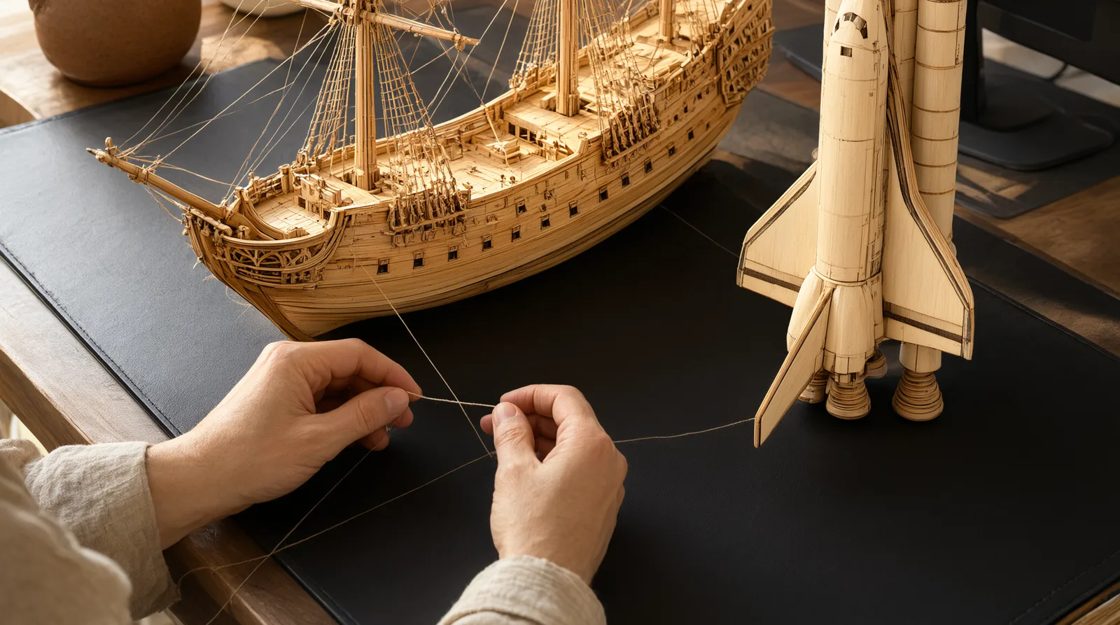 Two large completed wooden model kits—a detailed sailing ship and a vertical space rocket shuttle—displayed on a desk in warm natural light.