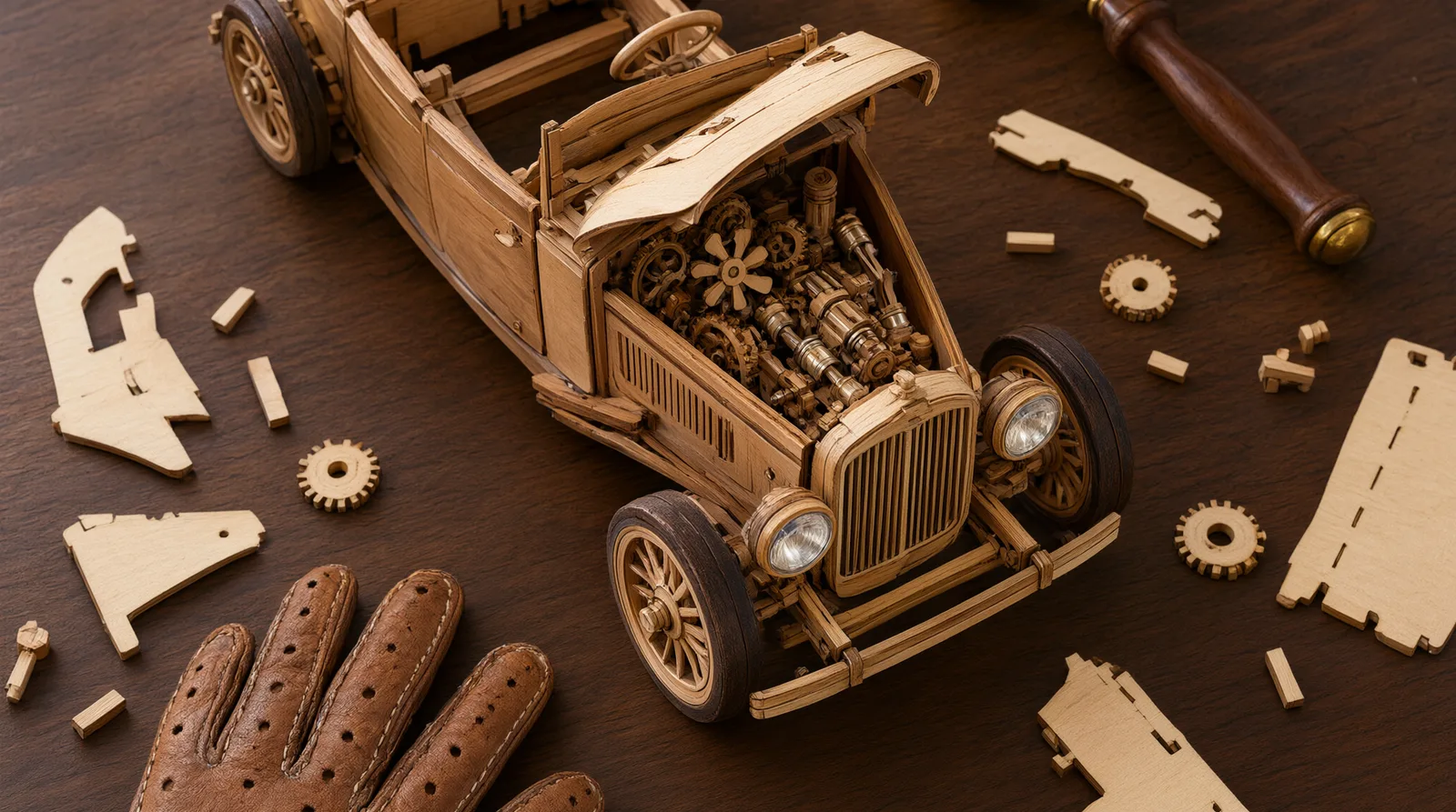Overhead view of a half-built wooden classic car model puzzle on a desk, surrounded by loose wood pieces, a vintage driving glove, and a bra