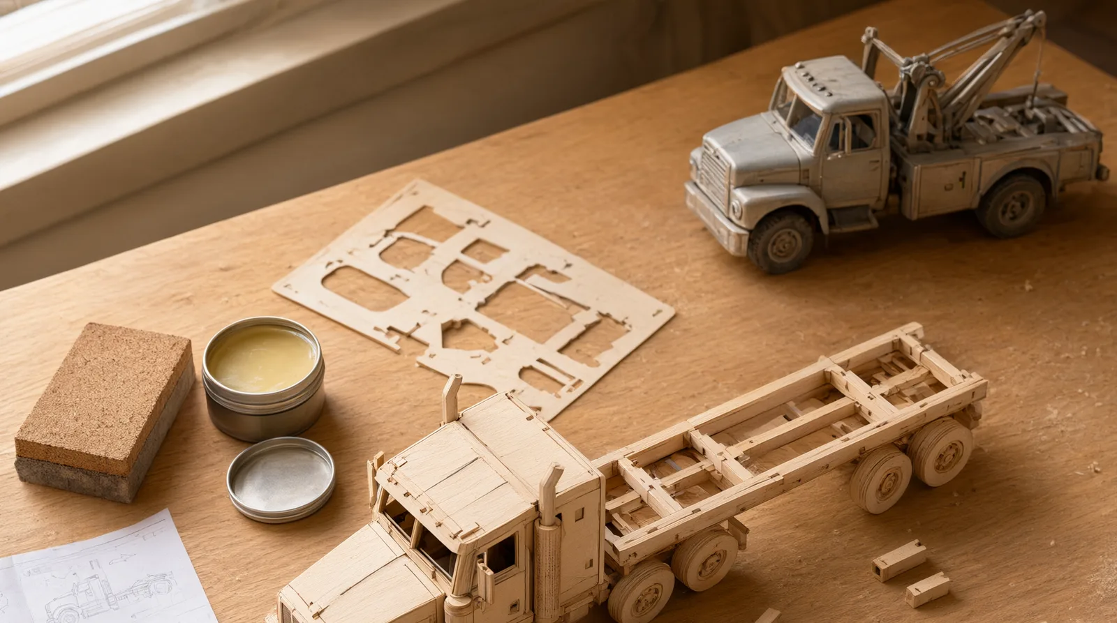 Wooden heavy truck model kit being assembled on a workbench, with wooden parts and tools, inspired by a custom diecast wrecker design.