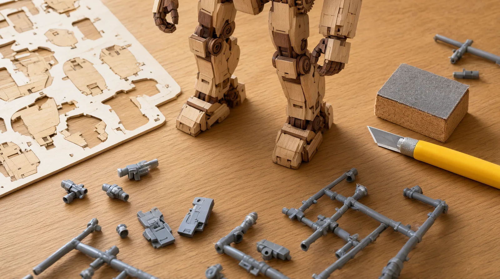 Finished wooden mechanical robot puzzle beside plastic model sprues on a desk, showing wood vs plastic build contrast.