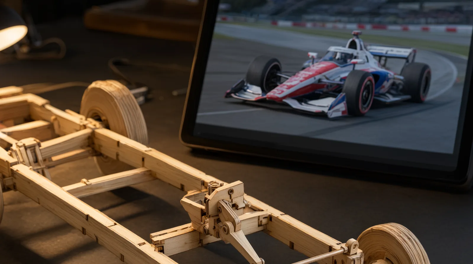 Half-built wooden tractor chassis model on a desk showing laser-cut frame rails and steering linkage, with an IndyCar image visible in the b