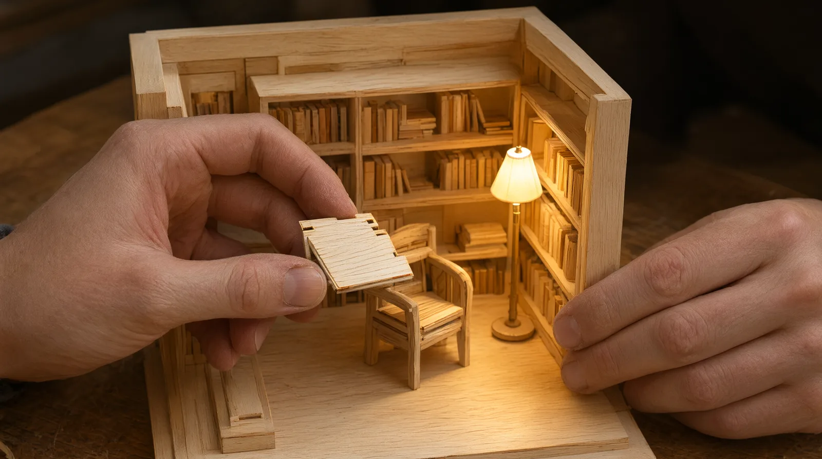 Hands assembling a wooden diorama puzzle kit showing a miniature library scene on a workbench.