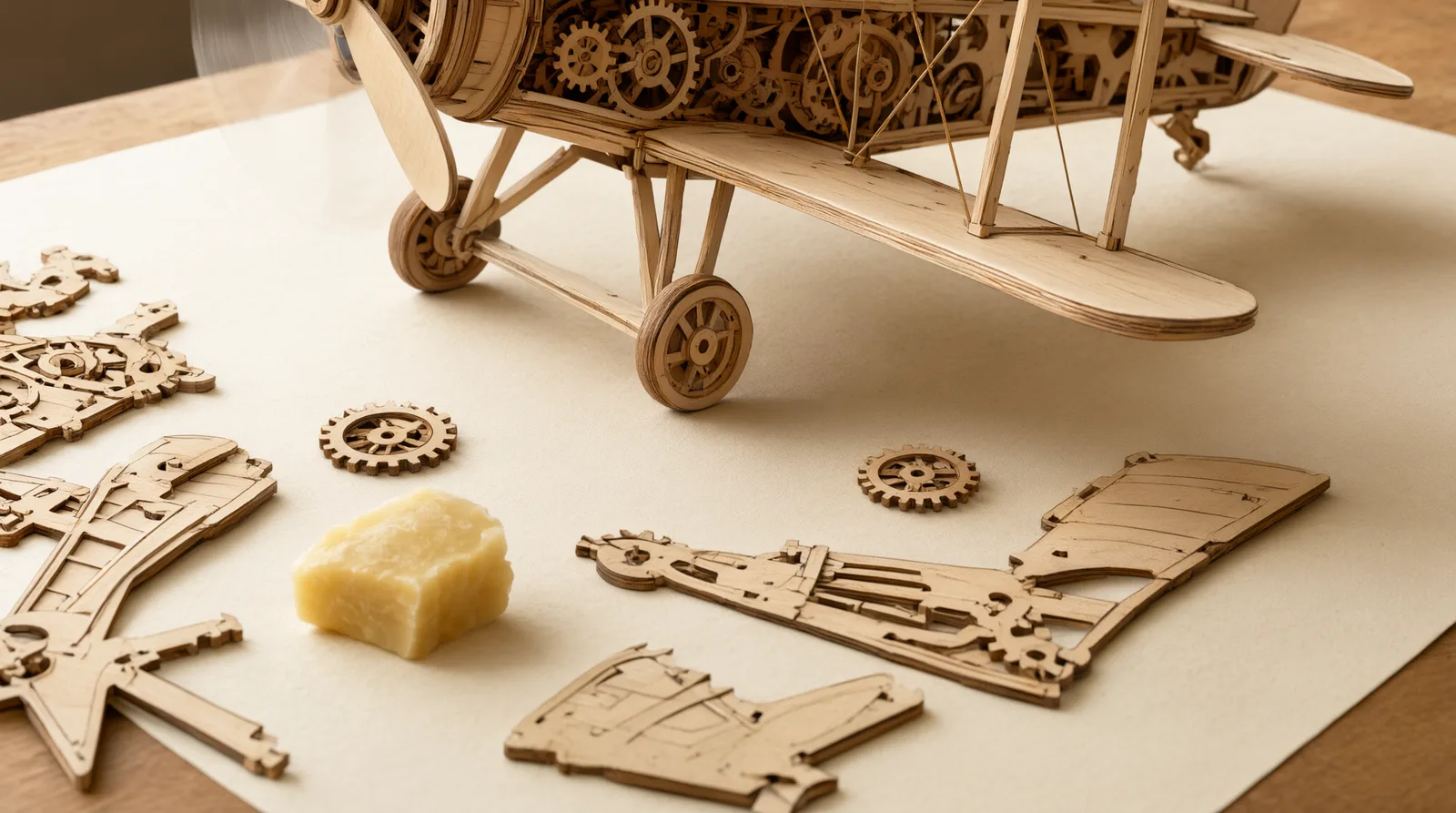 Completed wooden biplane puzzle with spinning propeller blades on a desk, showing layered wooden gears and vintage aircraft silhouette.