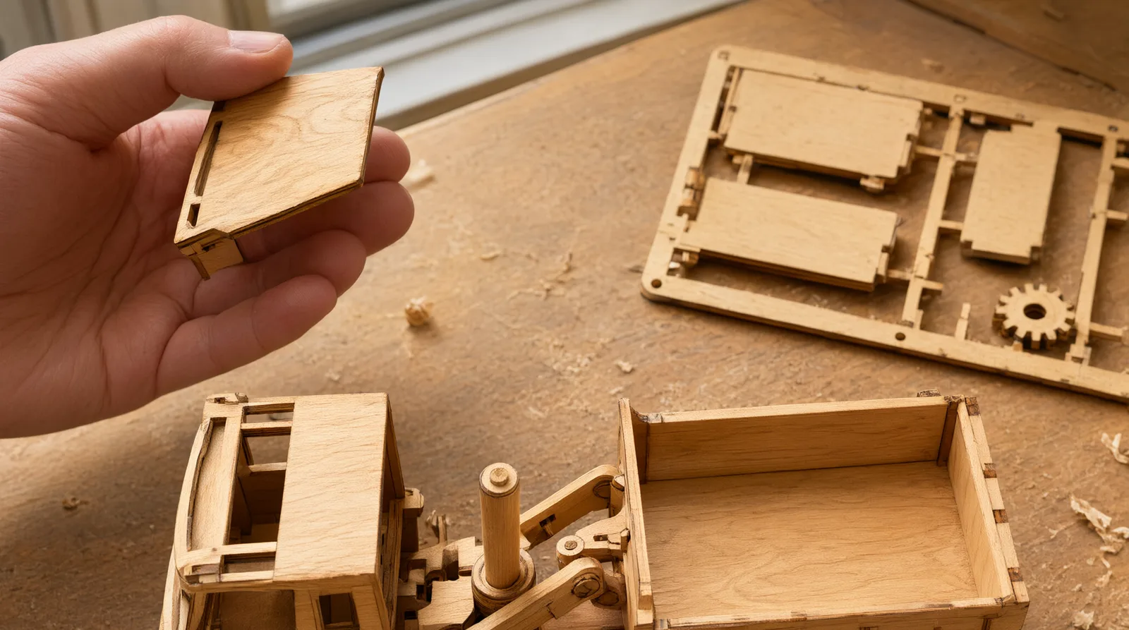 Half-built wooden articulated dump truck model showing pivot steering joint on a workbench