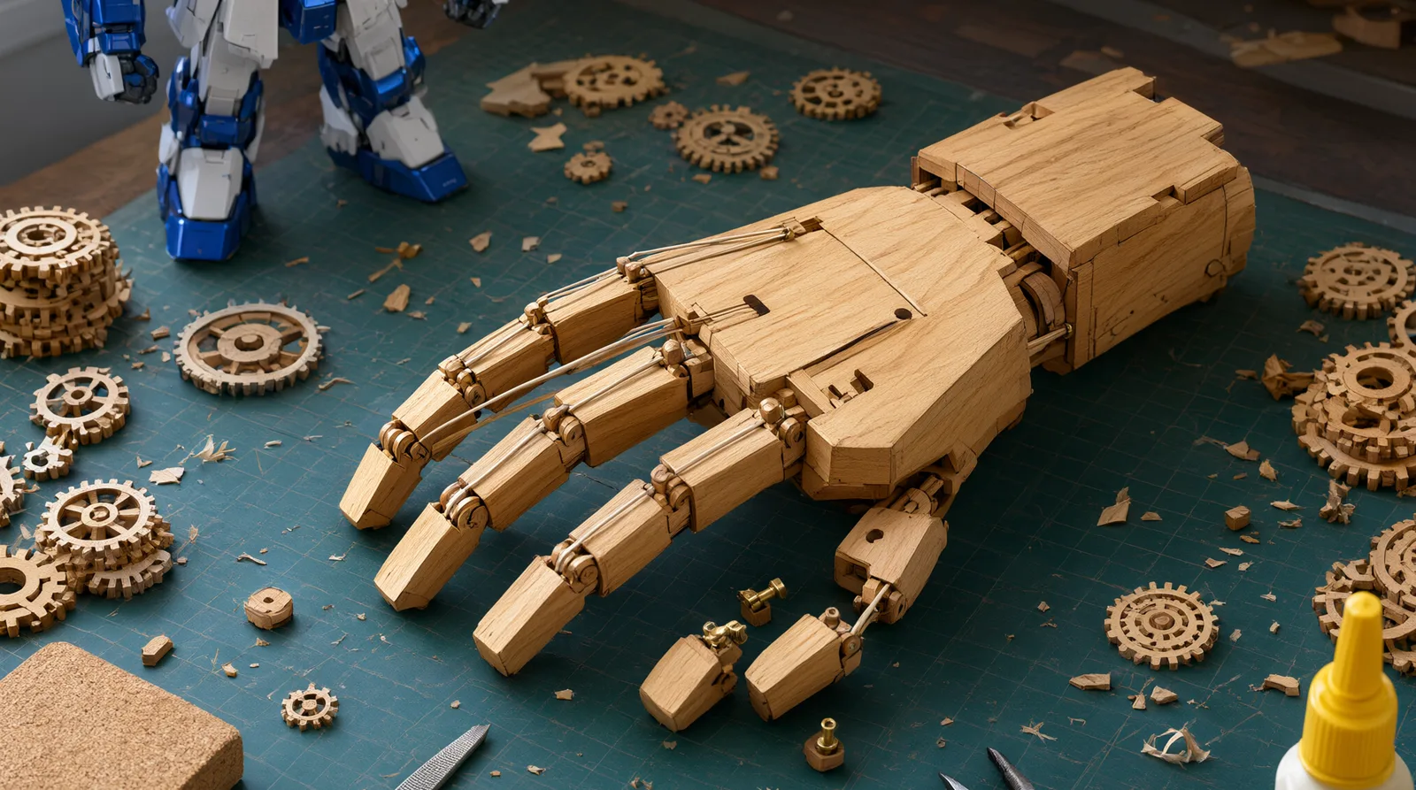 Partially assembled wooden robot hand model on desk with gears and plywood pieces, blurry plastic mecha figure in background.