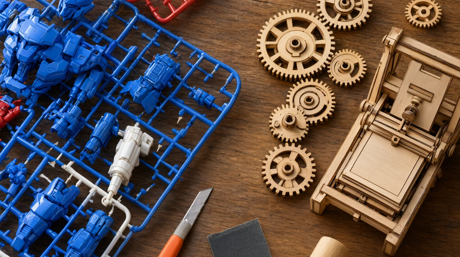 Half-built wooden mechanical model kit with gears and plywood parts on a workbench beside plastic model sprues, illustrating the alternative