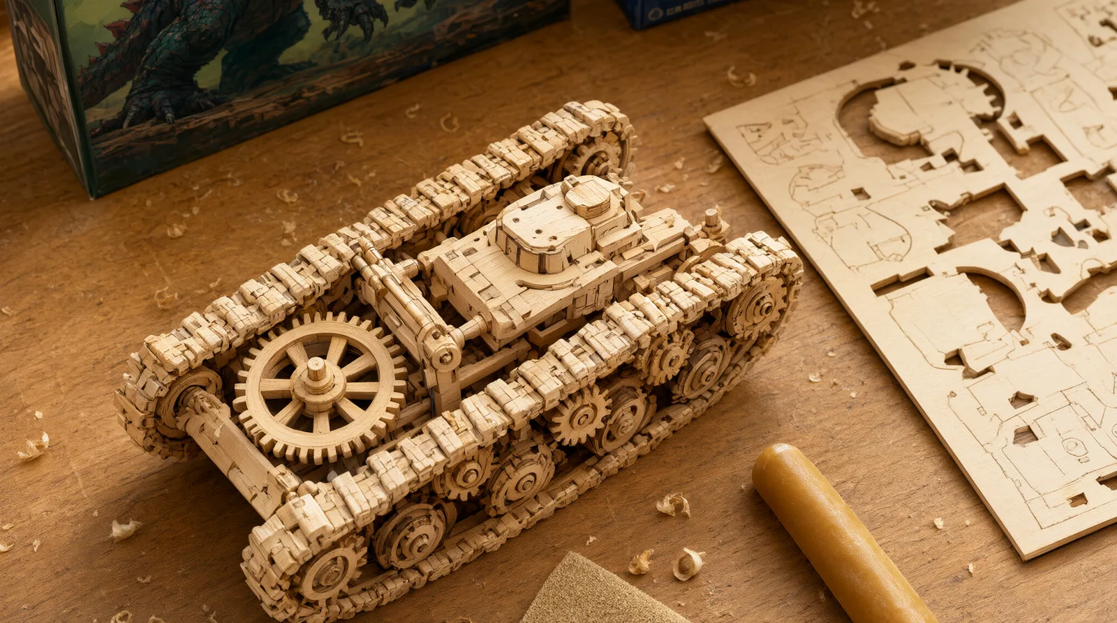Partially assembled wooden mechanical puzzle with visible gears and interlocking pieces on a work mat, blurred plastic Godzilla model kit bo