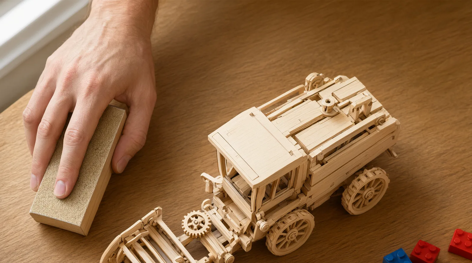 Half-assembled wooden tractor model with exposed gears and wooden pieces on a desk, next to a small pile of colorful plastic building bricks