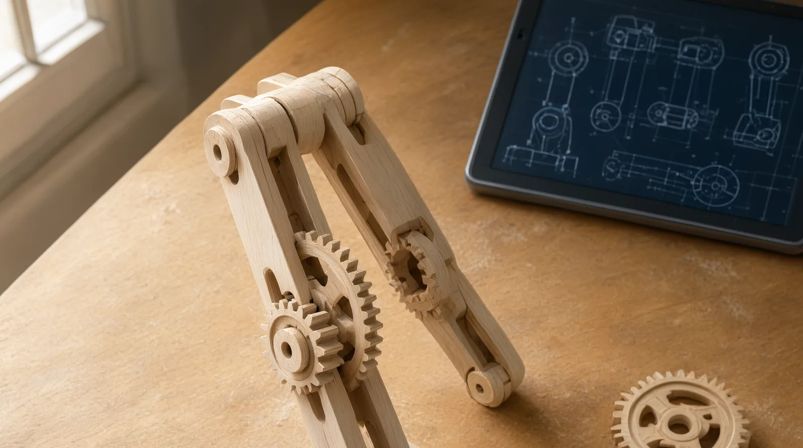 Partially assembled wooden mechanical robot arm with exposed gears on a workbench, demonstrating a tactile, all-wood engineering kit.