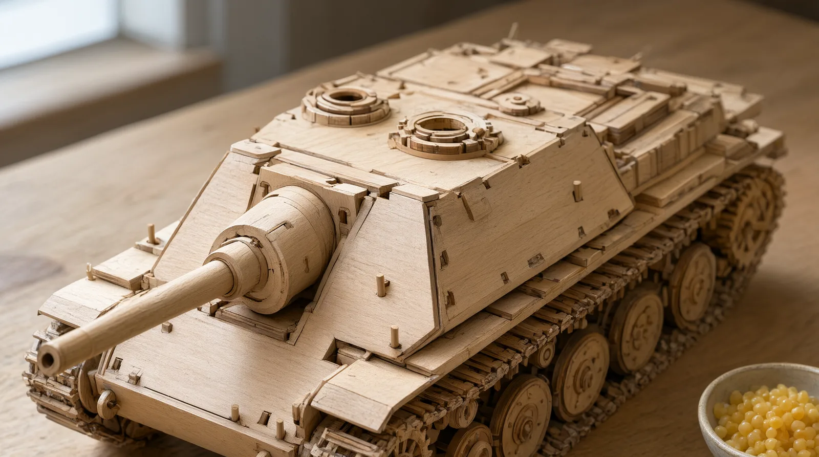 A wooden Ferdinand tank destroyer model partially assembled on a woodworking mat, surrounded by sandpaper, wood scraps, and assembly tools i