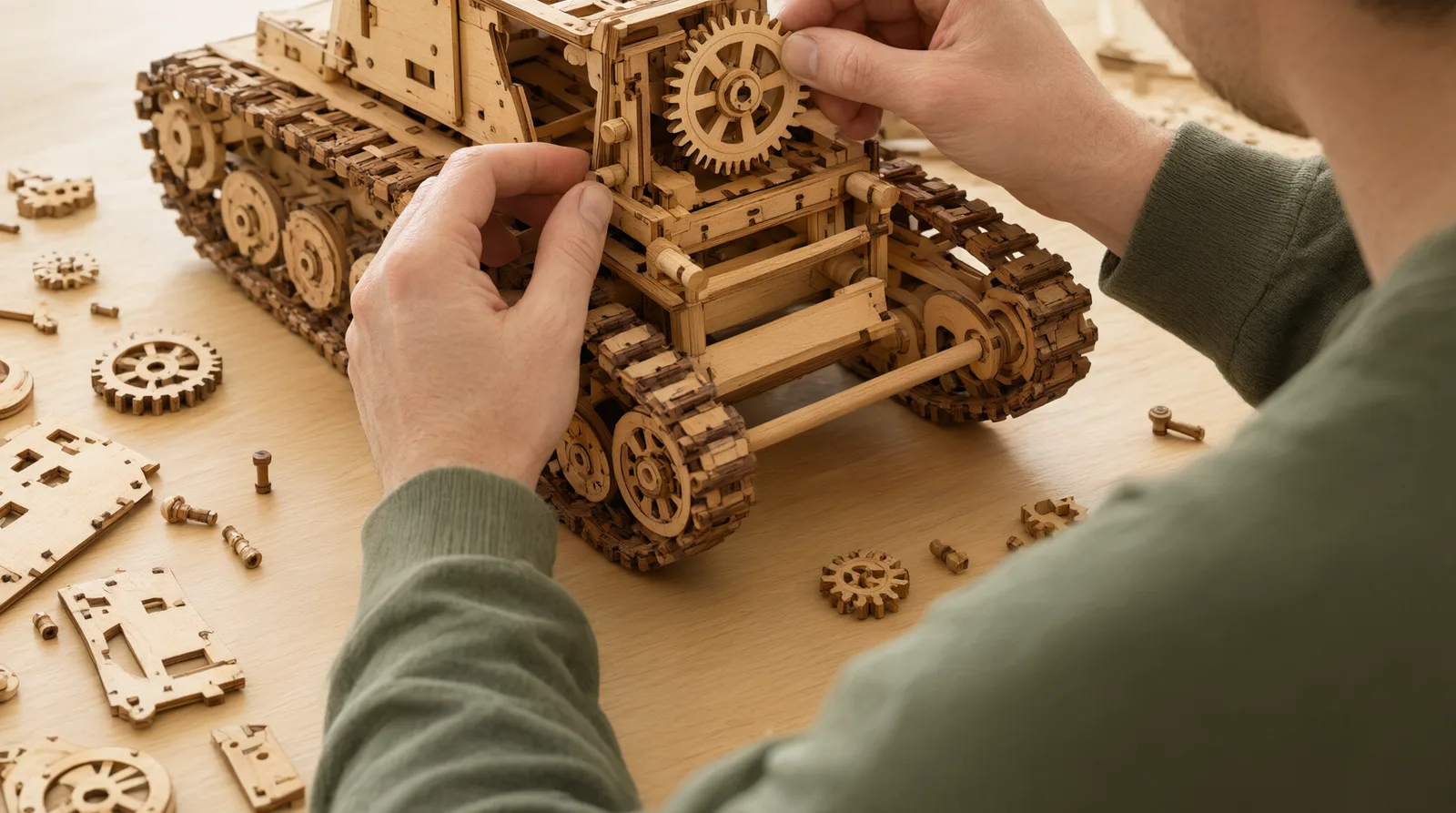 Close-up of hands fitting an interlocking wooden gear into a half-assembled Logicwoody military vehicle model on a clean desk.