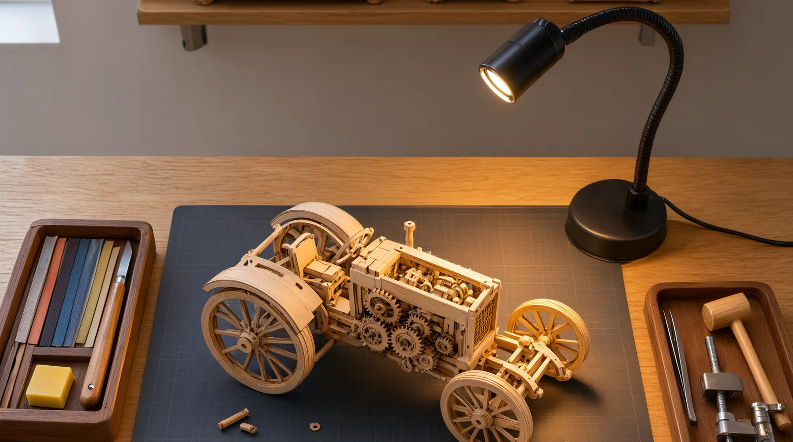 A wooden desk setup for assembling wooden mechanical models, with task lamp, tools, and a model in progress.
