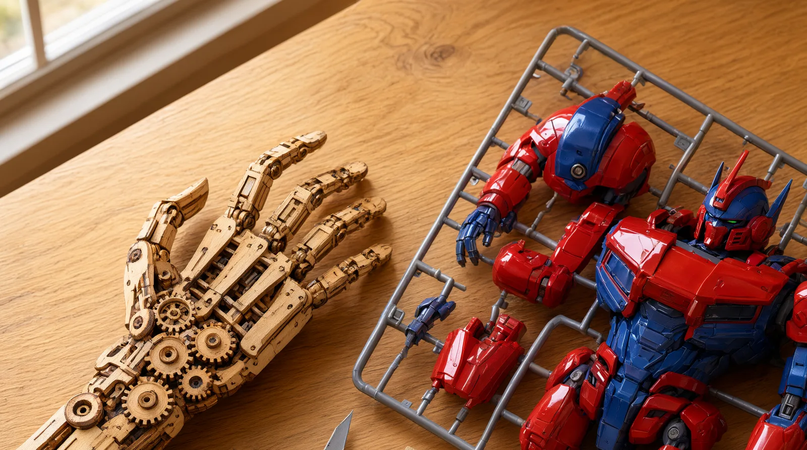 Side-by-side on a wooden workbench: a partially assembled wooden robot hand model kit and a plastic Transformers Optimus Prime model kit, bo