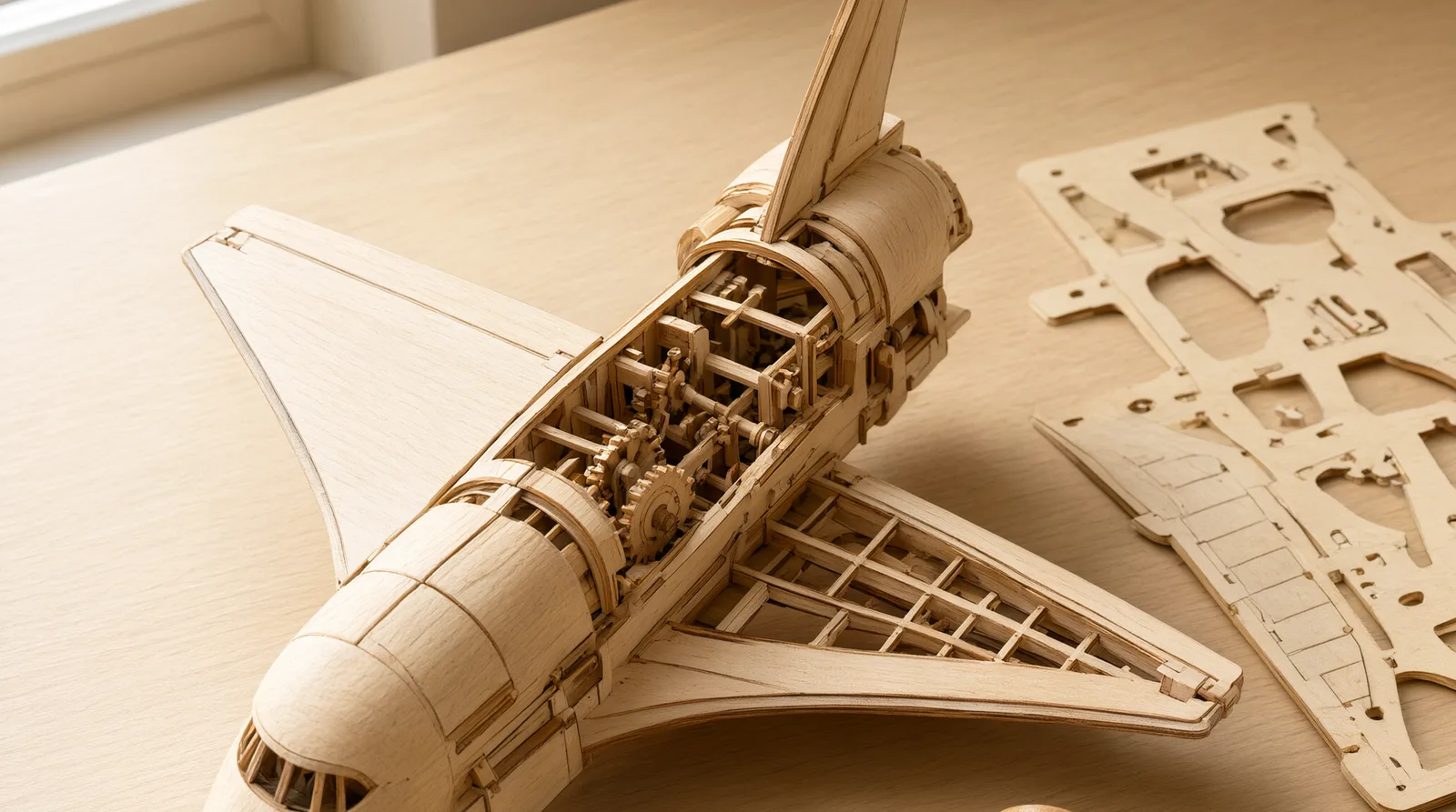 Partially assembled wooden space shuttle model puzzle with natural wood finish on a workbench.