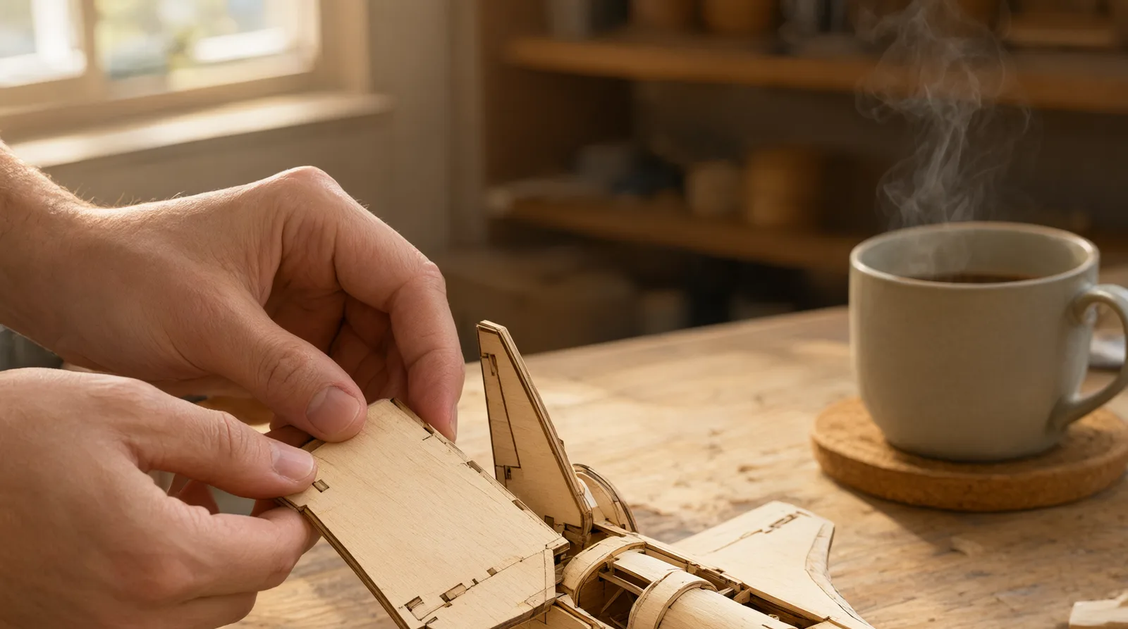 Partly assembled wooden space shuttle puzzle model on a workbench with scattered pieces.