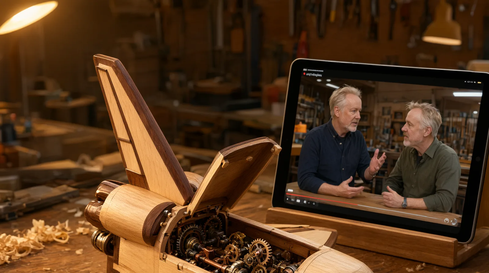 Wooden mechanical space shuttle puzzle on a workbench with wood shavings, echoing Star Wars model-making craftsmanship.