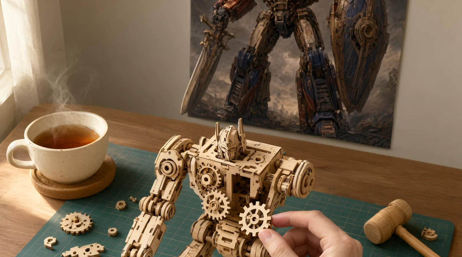 A partially assembled wooden mechanical robot puzzle on a desk, with Transformers Sentinel Prime poster blurred in background, emphasizing t