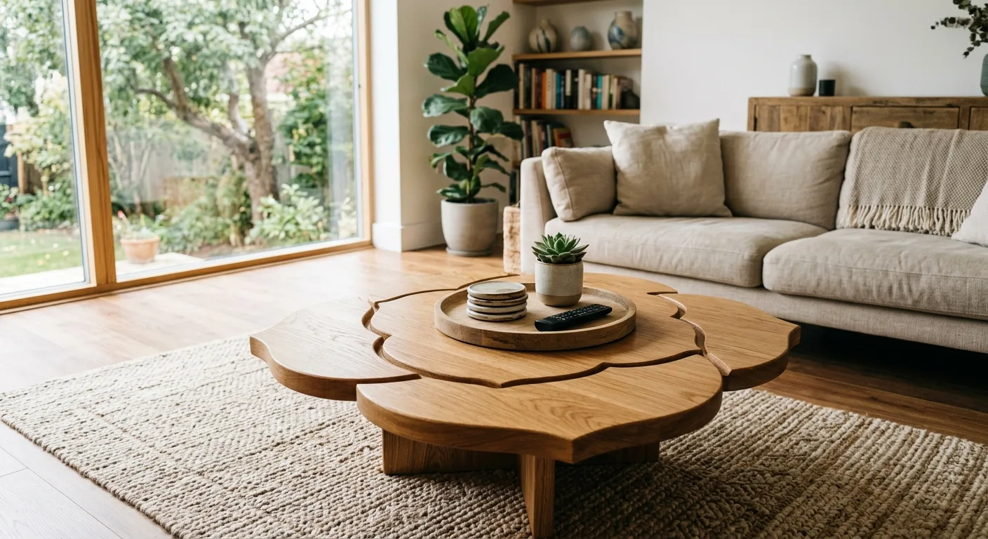 Organized wooden flower shaped coffee table in a modern living room with a tray.