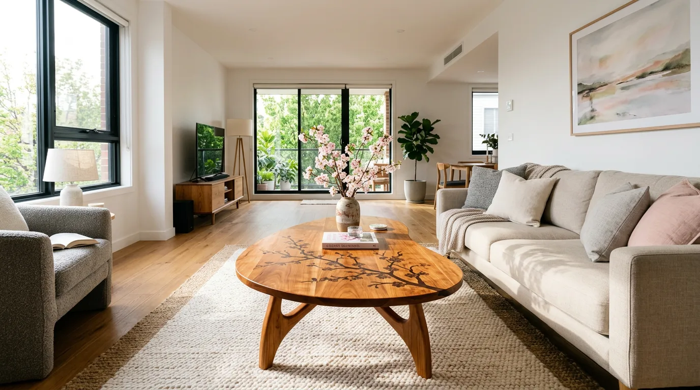 Wooden cherry blossom coffee table in a modern living room.