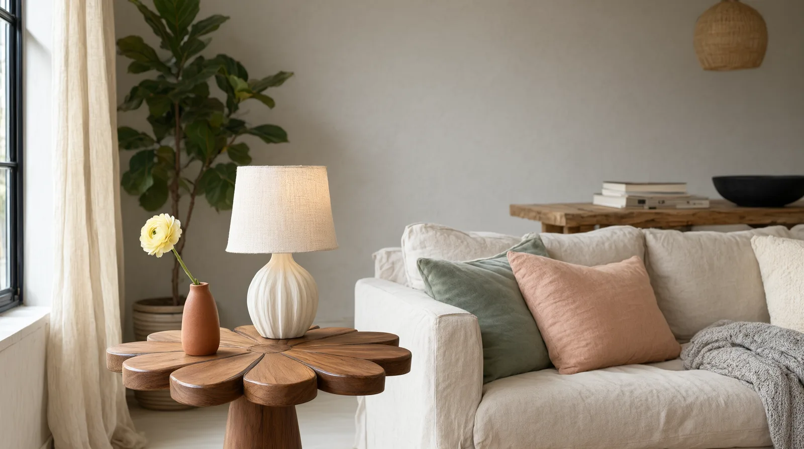 Wooden flower-shaped side table styled in a modern rustic living room with a neutral sofa, ceramic lamp, and greenery.